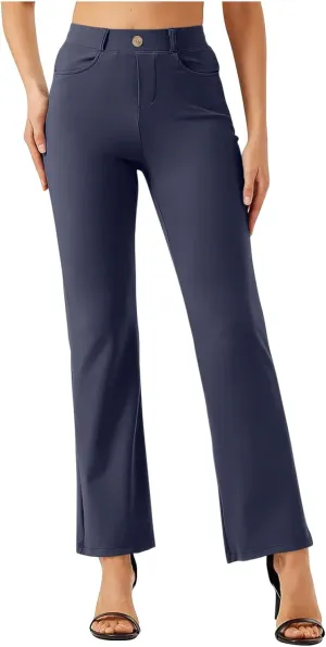 Women High Waist Work Pants Office Yoga Dress Pants Business Casual Outfits Elastic Waist Straight Leg Pocket Trouser