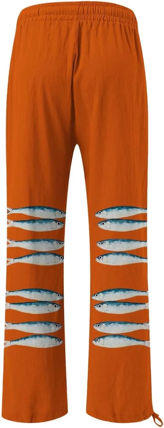 Women High Waisted Cotton Linen Palazzo Pants Dog Fish Graphic Wide Leg Long Lounge Pant Trousers with Pocket