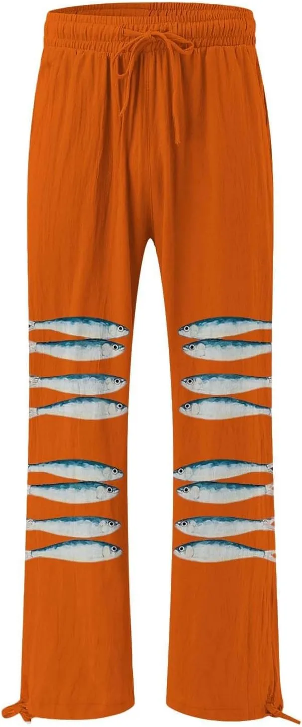 Women High Waisted Cotton Linen Palazzo Pants Dog Fish Graphic Wide Leg Long Lounge Pant Trousers with Pocket