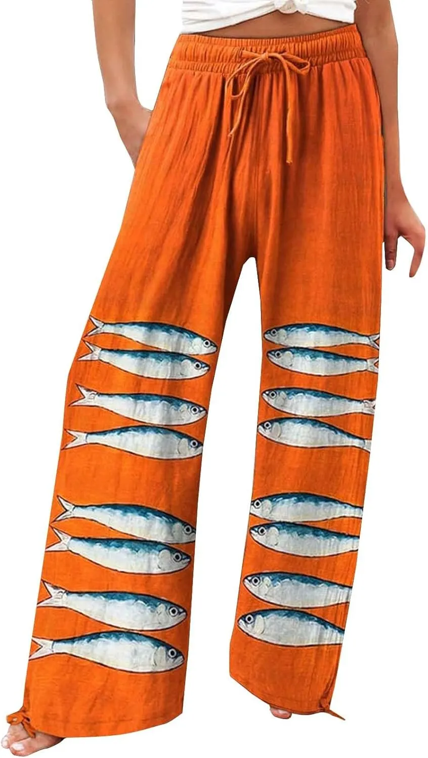 Women High Waisted Cotton Linen Palazzo Pants Dog Fish Graphic Wide Leg Long Lounge Pant Trousers with Pocket