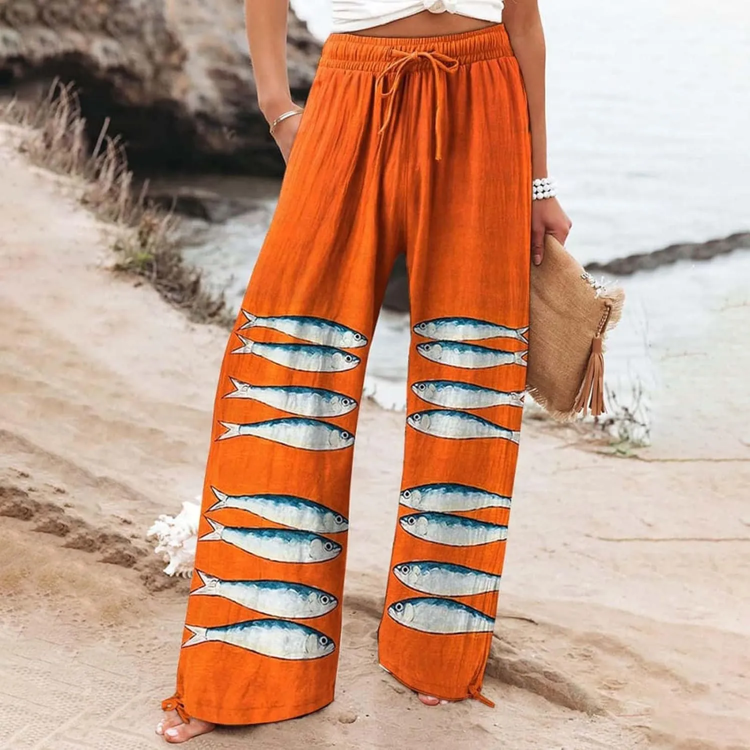 Women High Waisted Cotton Linen Palazzo Pants Dog Fish Graphic Wide Leg Long Lounge Pant Trousers with Pocket
