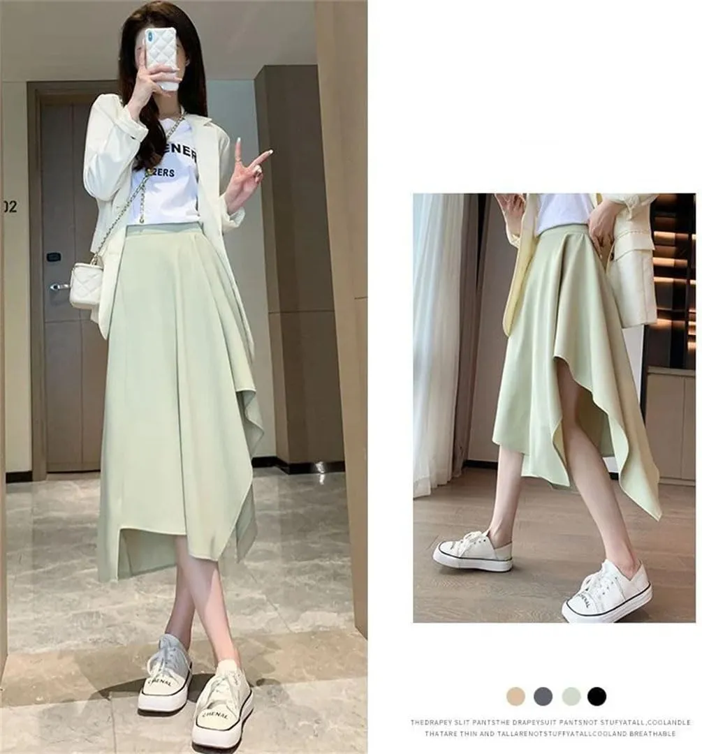 Women High Waisted Summer Sagging Sensation Midi Skirt Slim Irregular Solid Color Pleated Skirt
