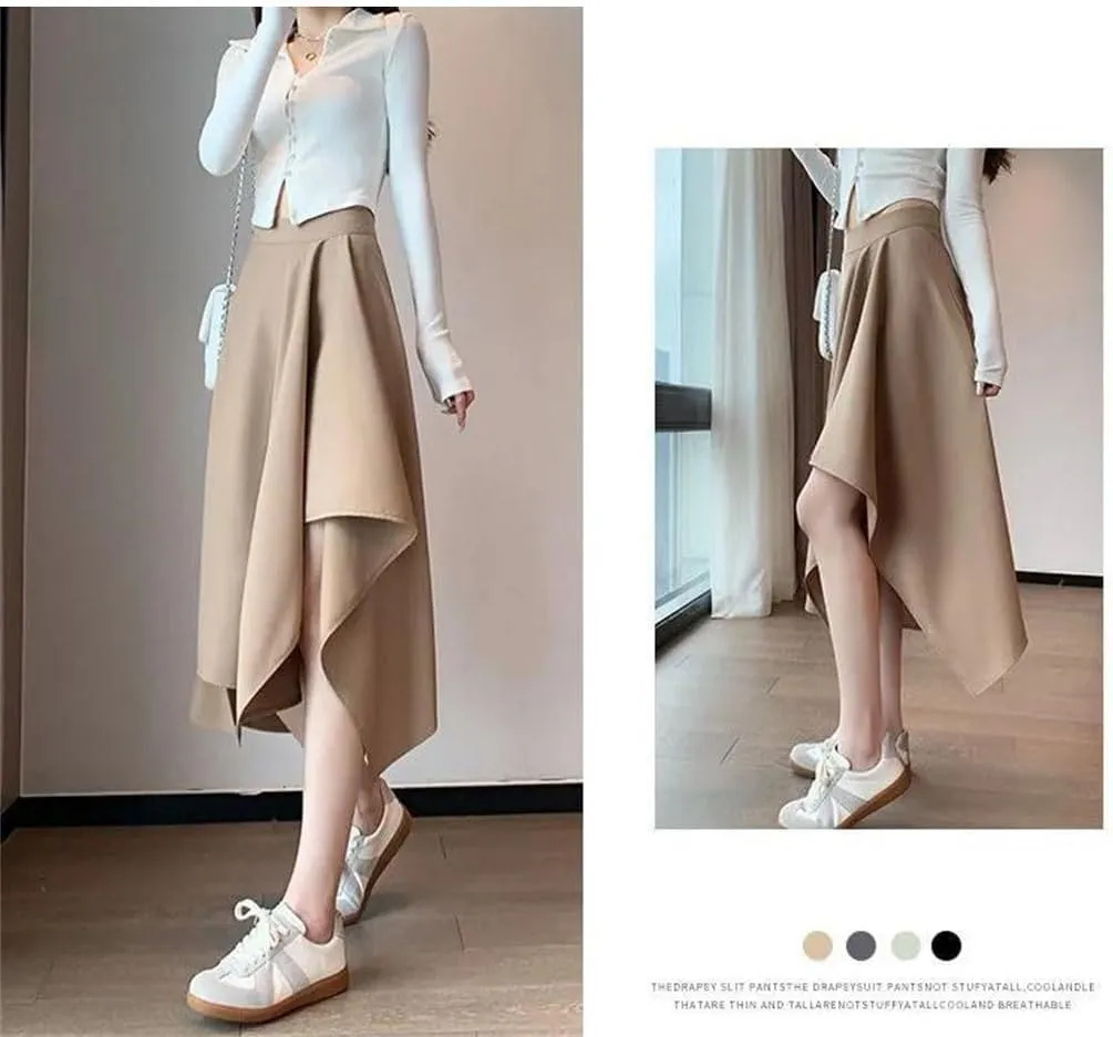Women High Waisted Summer Sagging Sensation Midi Skirt Slim Irregular Solid Color Pleated Skirt