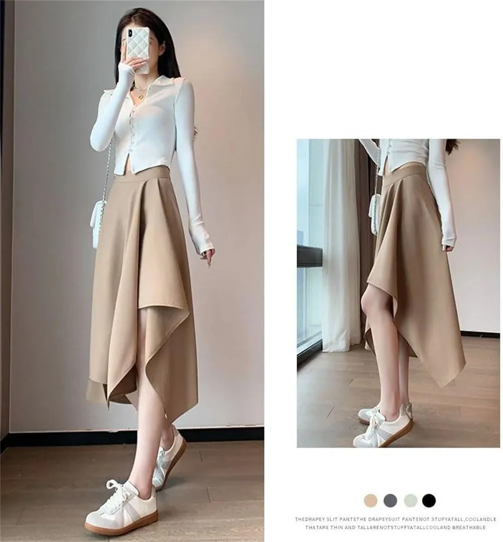 Women High Waisted Summer Sagging Sensation Midi Skirt Slim Irregular Solid Color Pleated Skirt