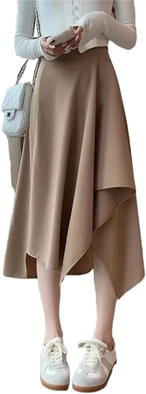 Women High Waisted Summer Sagging Sensation Midi Skirt Slim Irregular Solid Color Pleated Skirt