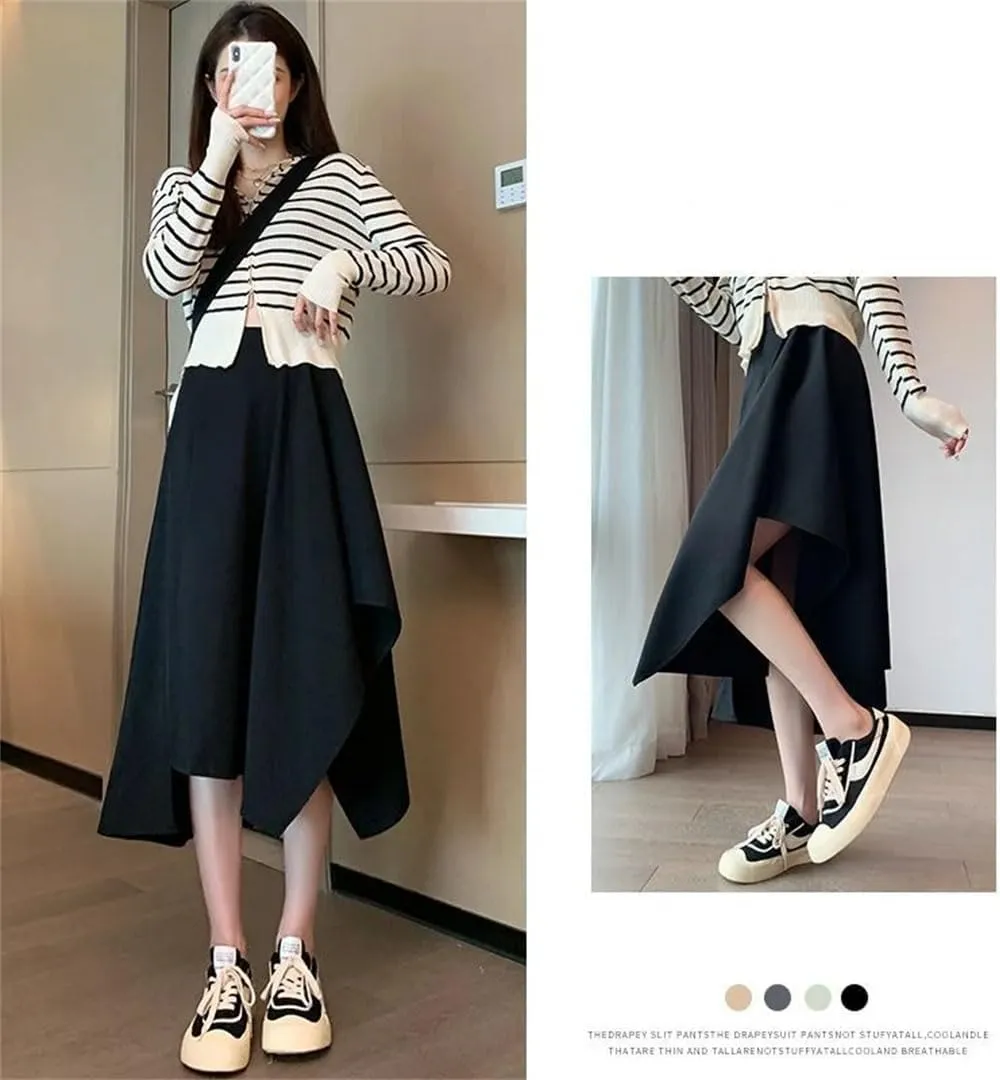 Women High Waisted Summer Sagging Sensation Midi Skirt Slim Irregular Solid Color Pleated Skirt