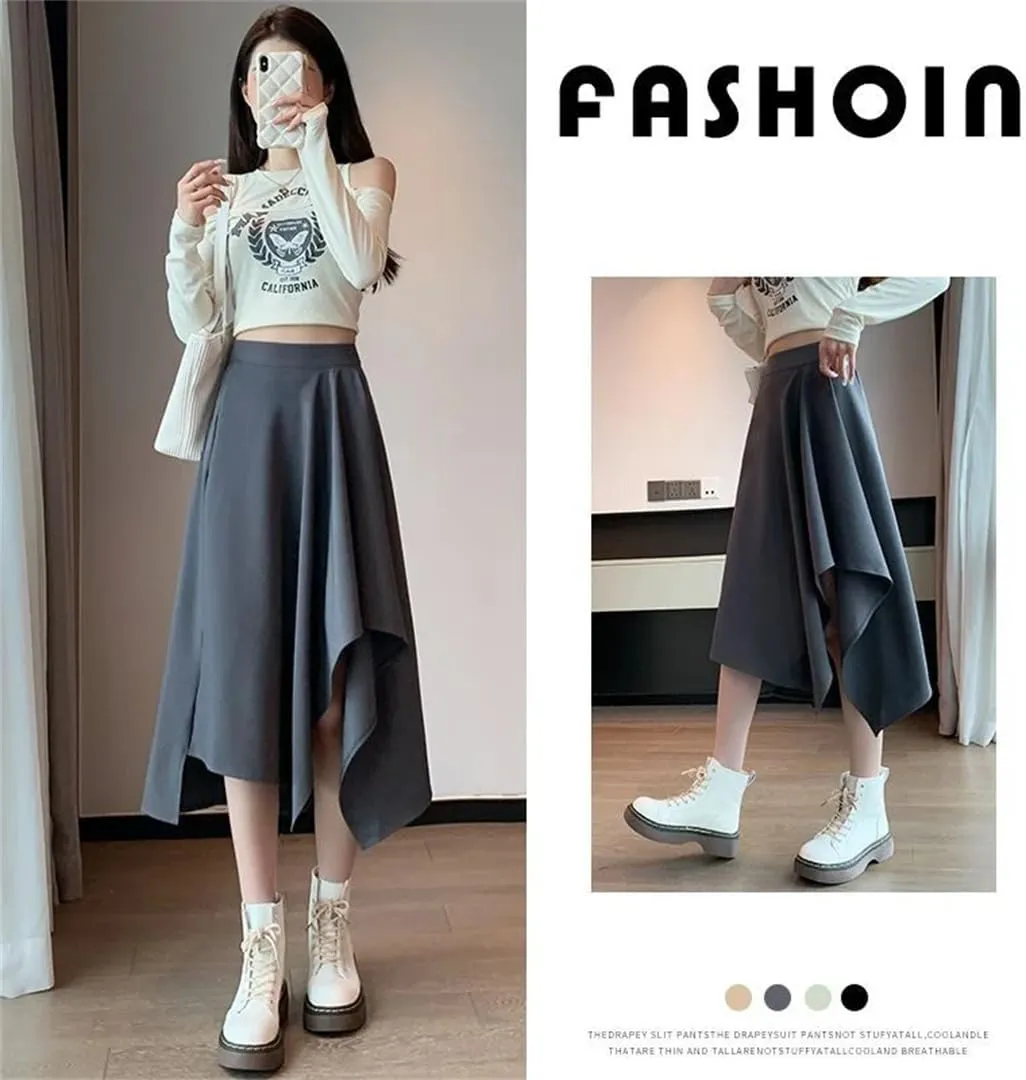 Women High Waisted Summer Sagging Sensation Midi Skirt Slim Irregular Solid Color Pleated Skirt