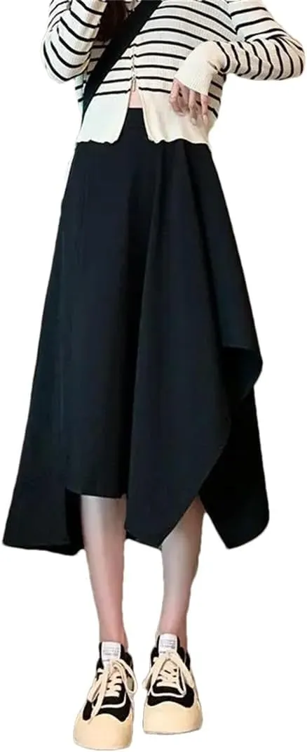 Women High Waisted Summer Sagging Sensation Midi Skirt Slim Irregular Solid Color Pleated Skirt