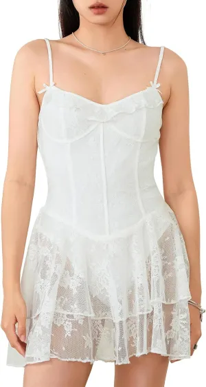 Women Lace Corset Mini Dress Sexy Spaghetti Strap Tiered Ruffle Short Bodycon Dresses Floral Lace Bustier Cami Dress