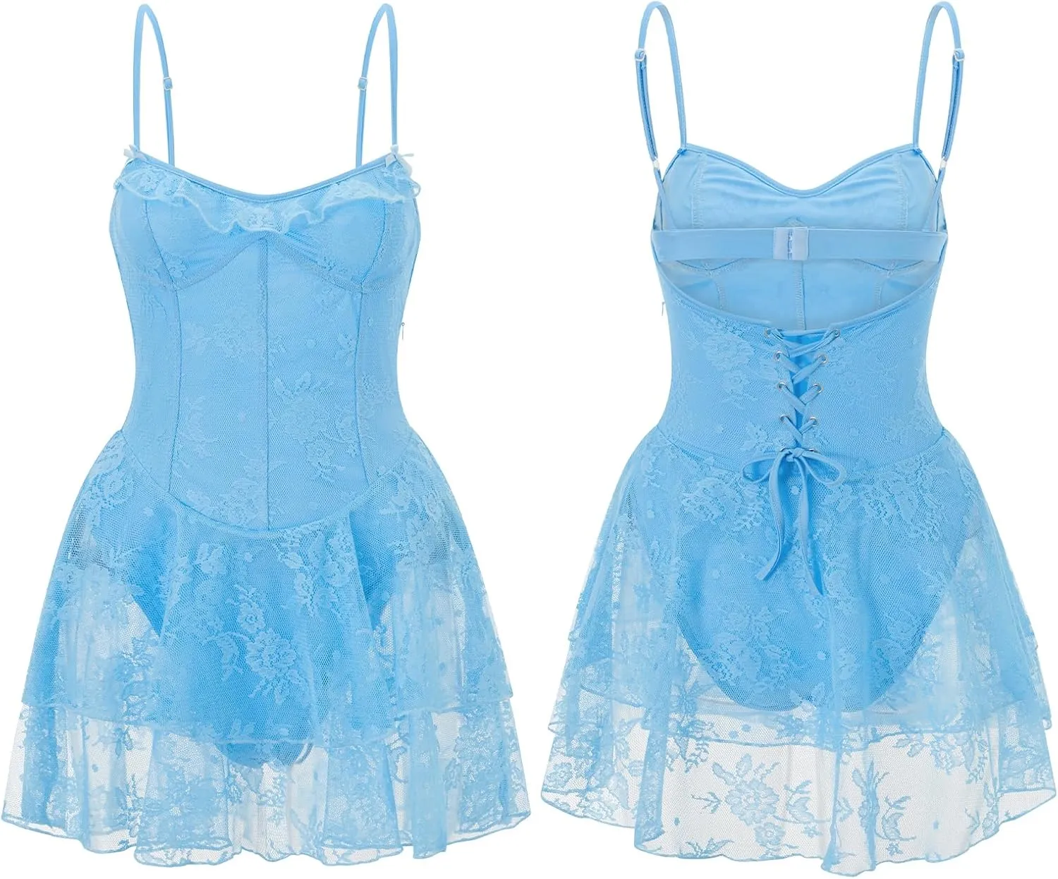 Women Lace Corset Mini Dress Sexy Spaghetti Strap Tiered Ruffle Short Bodycon Dresses Floral Lace Bustier Cami Dress