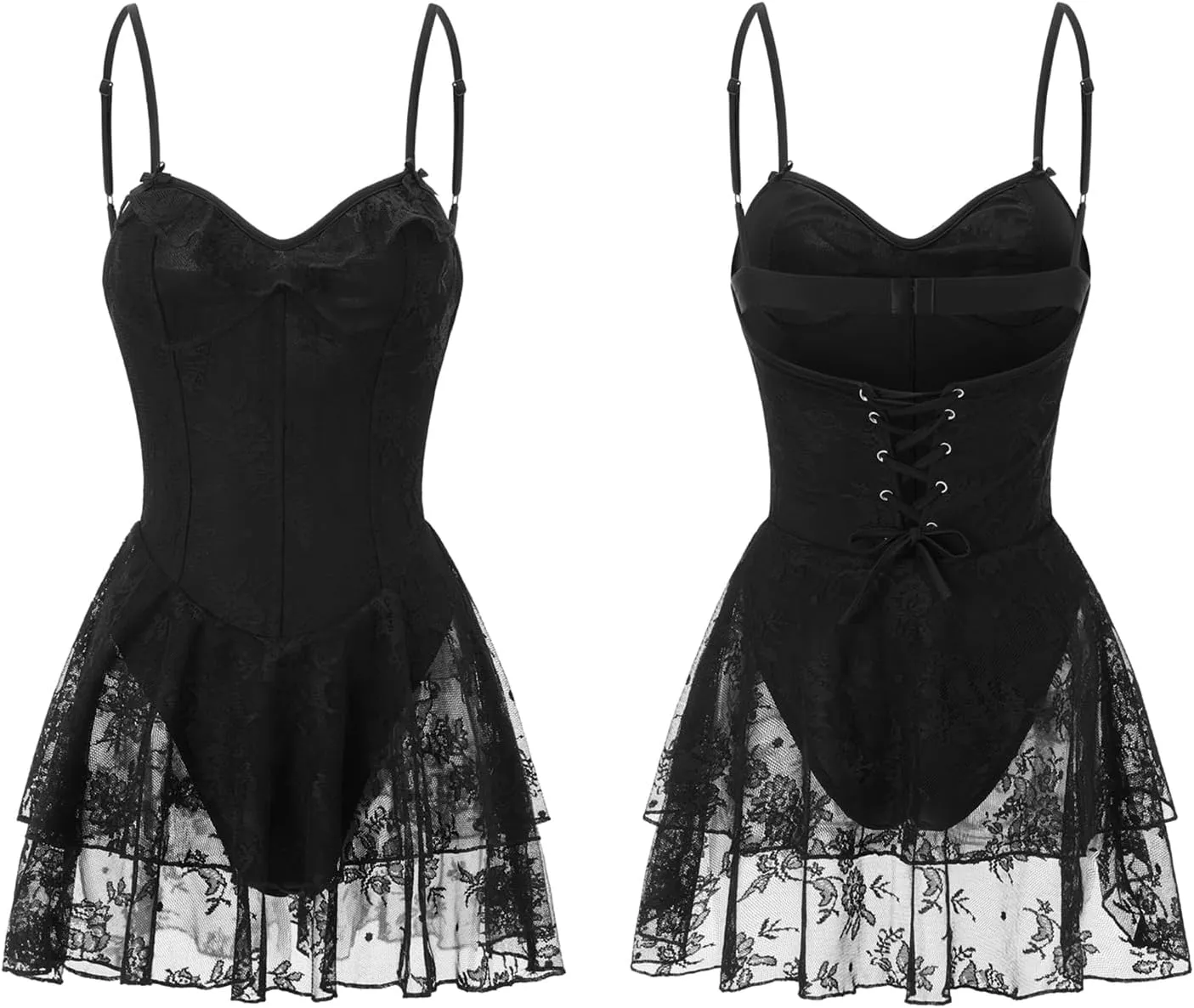 Women Lace Corset Mini Dress Sexy Spaghetti Strap Tiered Ruffle Short Bodycon Dresses Floral Lace Bustier Cami Dress