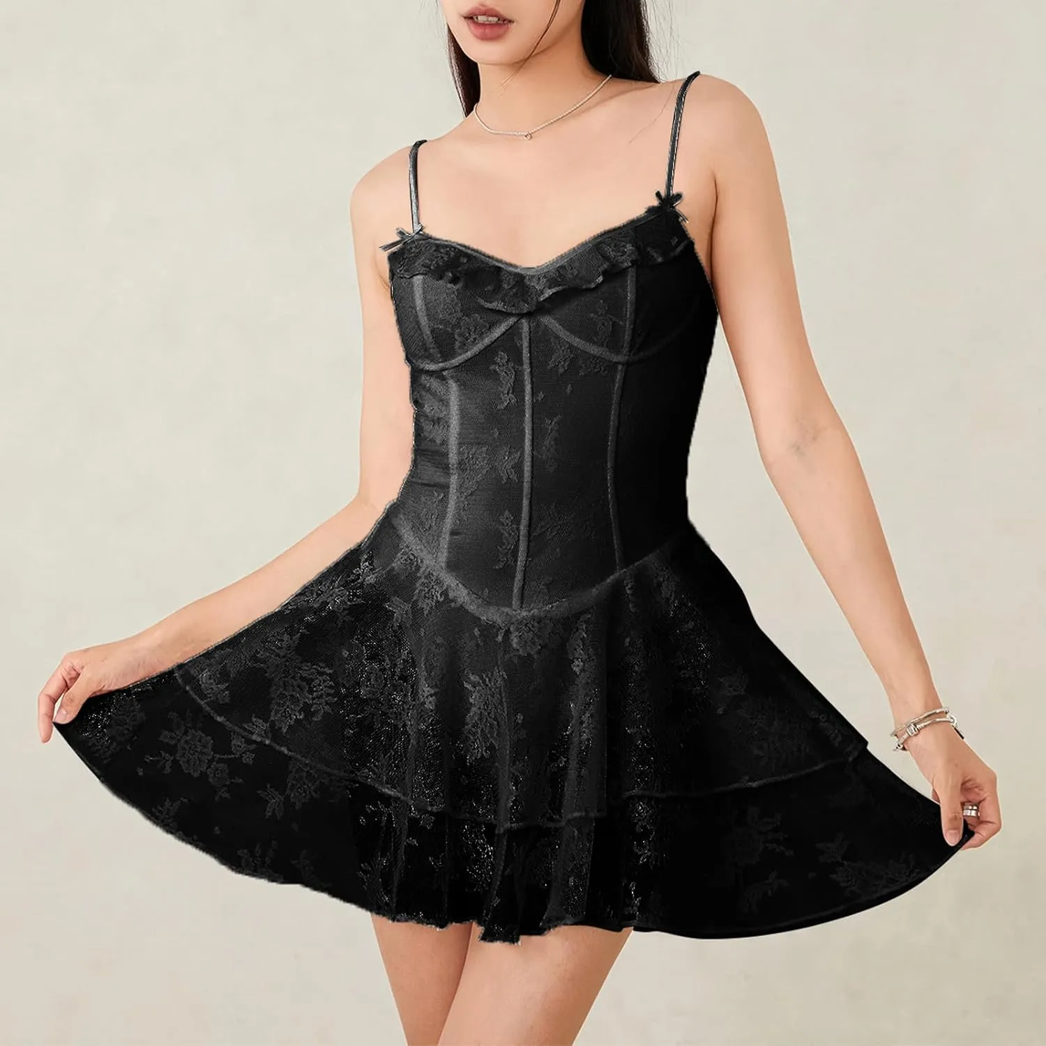 Women Lace Corset Mini Dress Sexy Spaghetti Strap Tiered Ruffle Short Bodycon Dresses Floral Lace Bustier Cami Dress