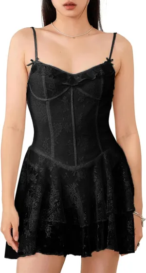 Women Lace Corset Mini Dress Sexy Spaghetti Strap Tiered Ruffle Short Bodycon Dresses Floral Lace Bustier Cami Dress