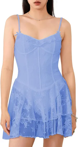 Women Lace Corset Mini Dress Sexy Spaghetti Strap Tiered Ruffle Short Bodycon Dresses Floral Lace Bustier Cami Dress