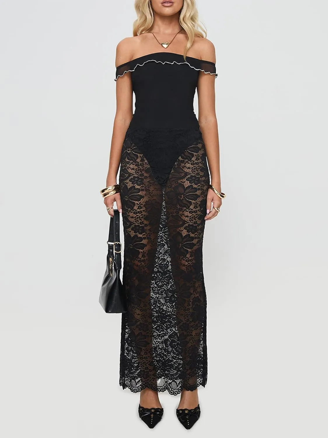 Women Lace Long Skirt High Waist See Through A-line Midi Skirt Y2K Summer Flowy Beach Party Maxi Skirts