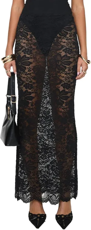 Women Lace Long Skirt High Waist See Through A-line Midi Skirt Y2K Summer Flowy Beach Party Maxi Skirts
