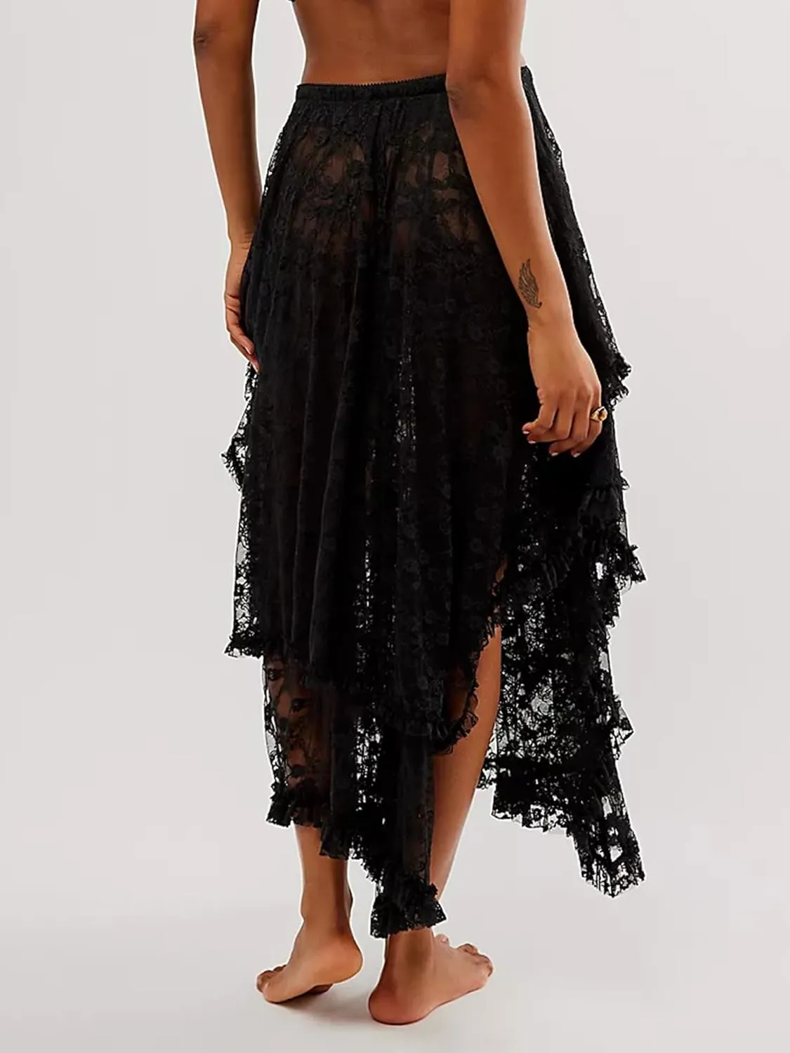 Women Lace Long Skirts Summer Elastic Asymmetrical Layered Hem Sexy See-Through Flowy Beach Floral Maxi Skirts