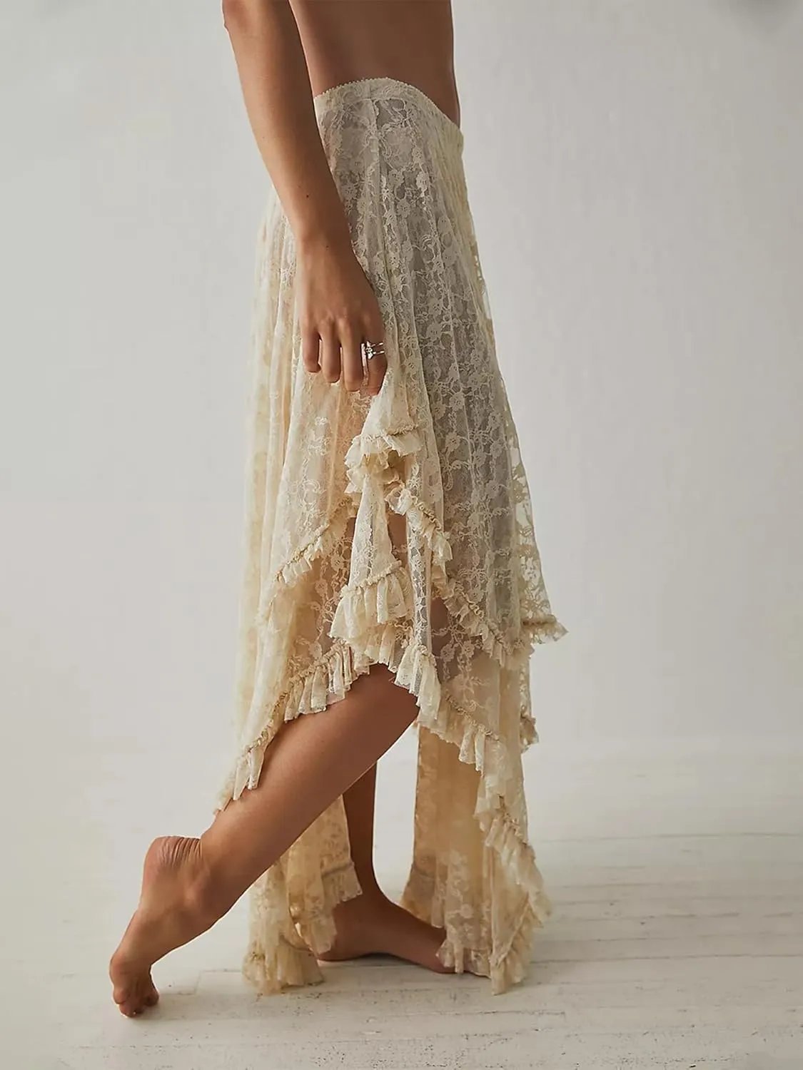 Women Lace Long Skirts Summer Elastic Asymmetrical Layered Hem Sexy See-Through Flowy Beach Floral Maxi Skirts