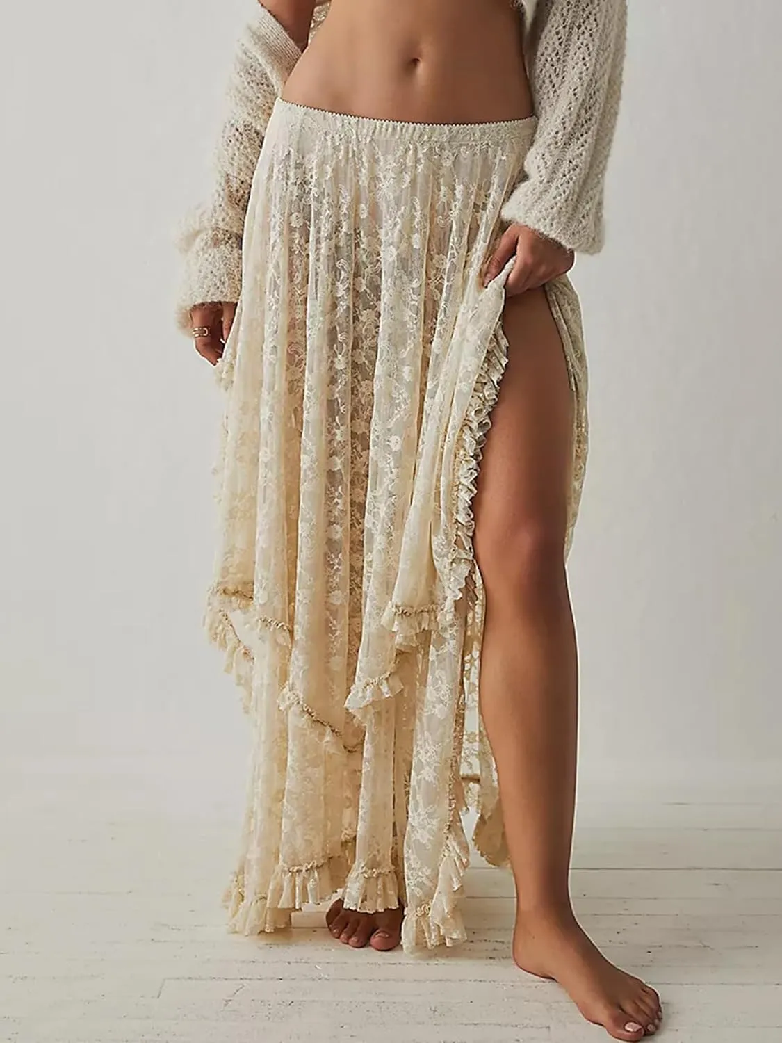 Women Lace Long Skirts Summer Elastic Asymmetrical Layered Hem Sexy See-Through Flowy Beach Floral Maxi Skirts