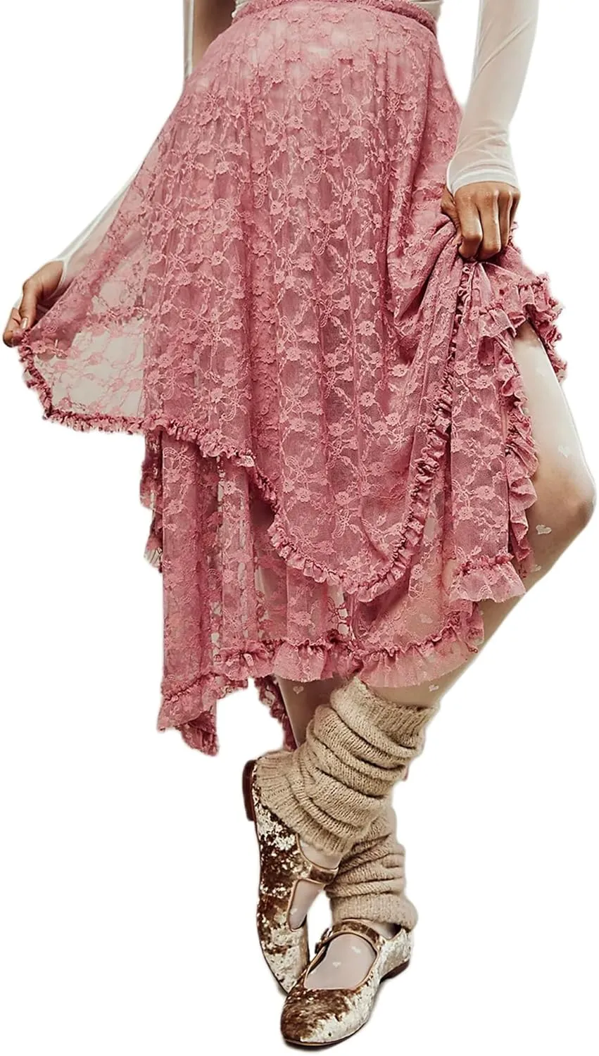 Women Lace Long Skirts Summer Elastic Asymmetrical Layered Hem Sexy See-Through Flowy Beach Floral Maxi Skirts