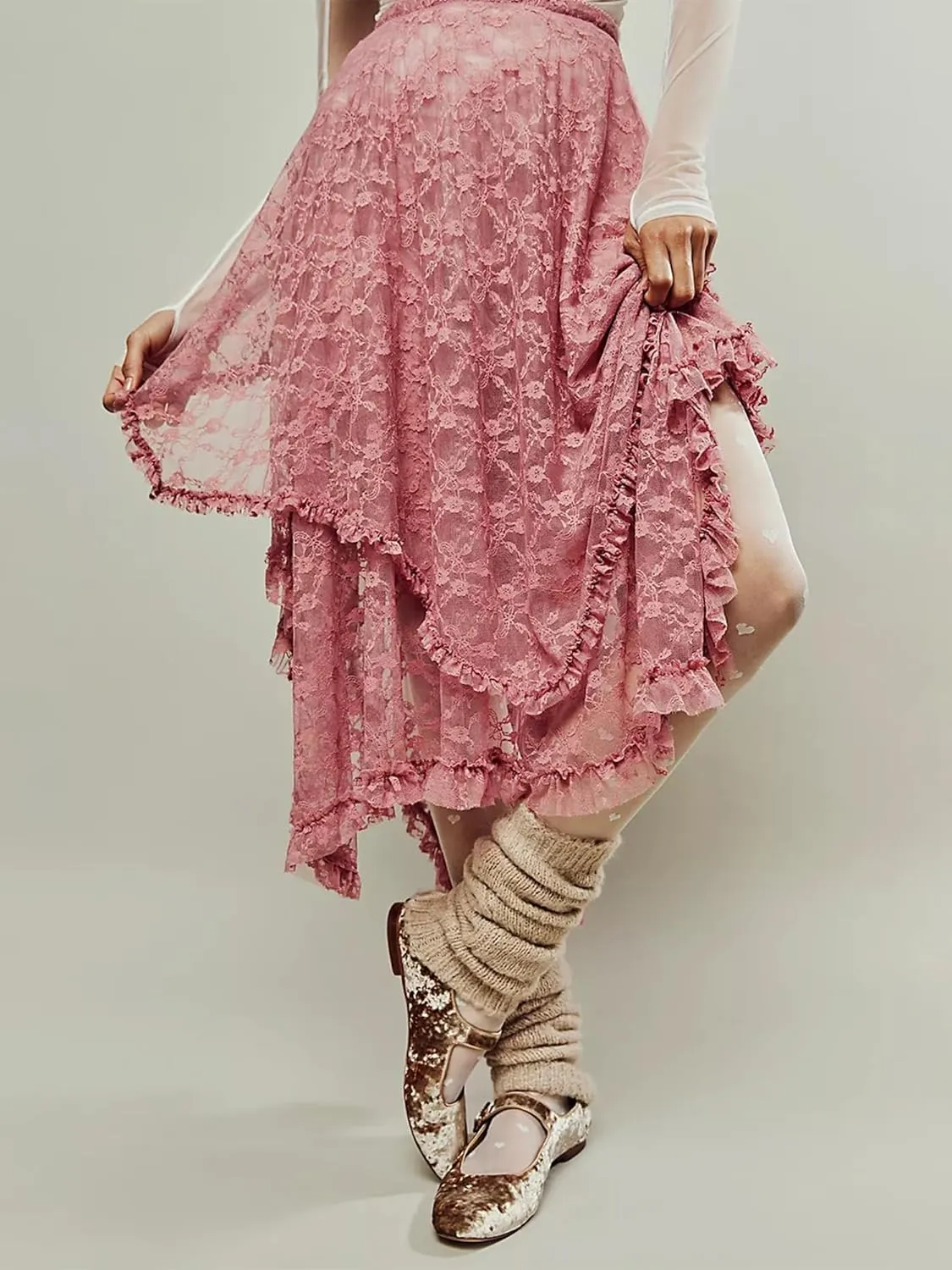 Women Lace Long Skirts Summer Elastic Asymmetrical Layered Hem Sexy See-Through Flowy Beach Floral Maxi Skirts