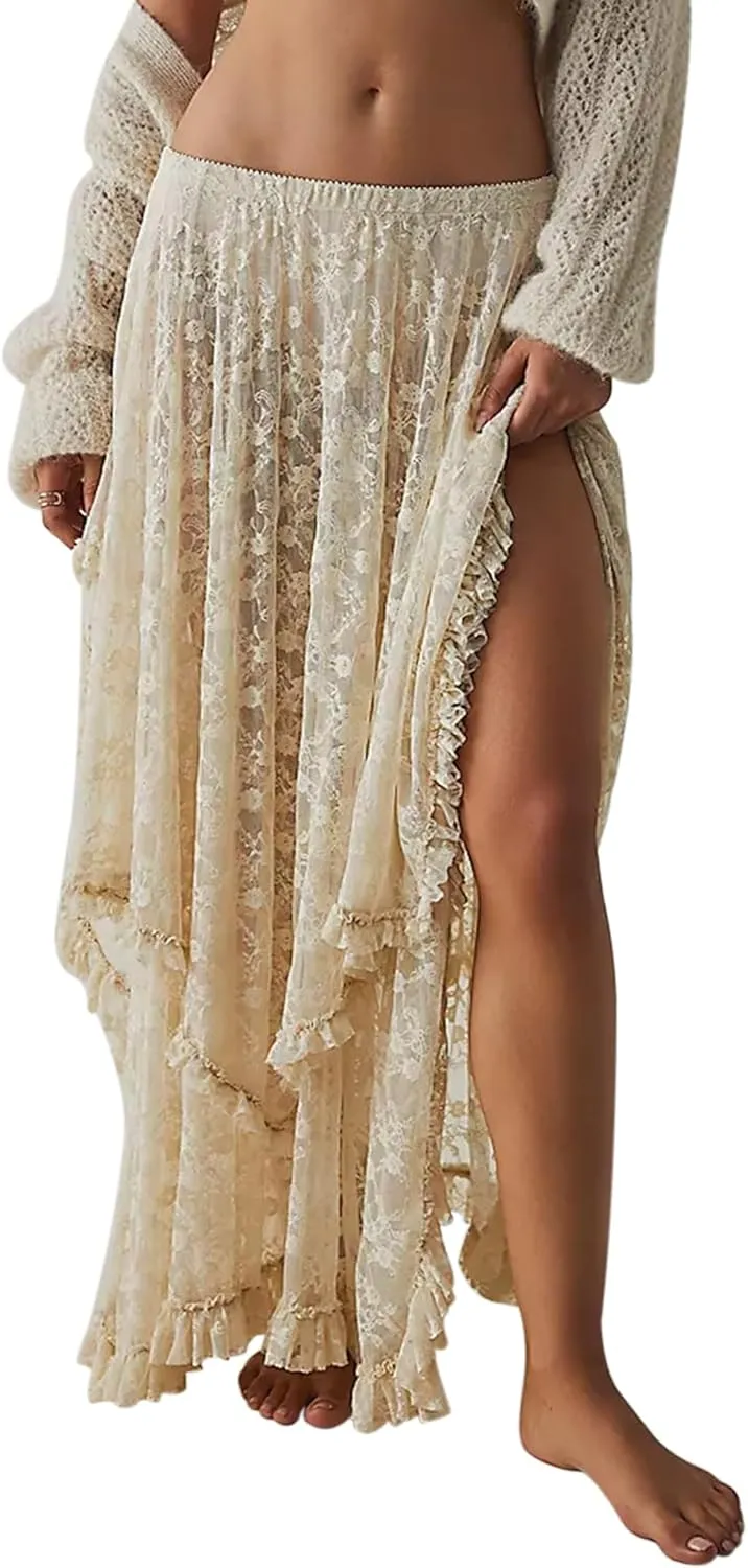 Women Lace Long Skirts Summer Elastic Asymmetrical Layered Hem Sexy See-Through Flowy Beach Floral Maxi Skirts