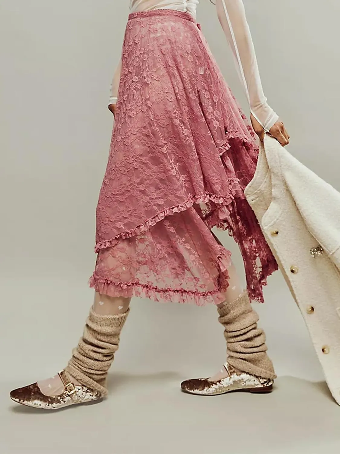 Women Lace Long Skirts Summer Elastic Asymmetrical Layered Hem Sexy See-Through Flowy Beach Floral Maxi Skirts