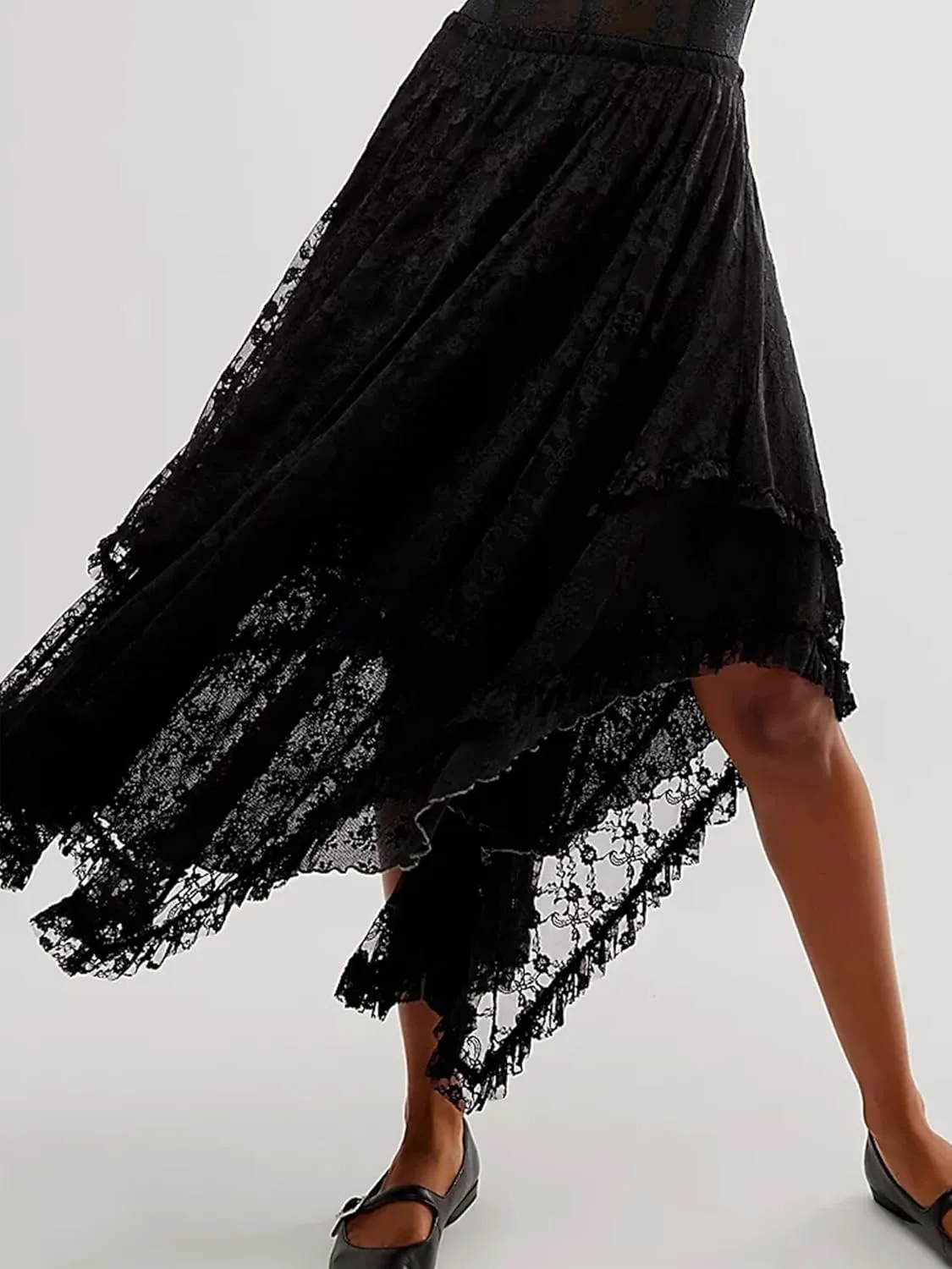 Women Lace Long Skirts Summer Elastic Asymmetrical Layered Hem Sexy See-Through Flowy Beach Floral Maxi Skirts
