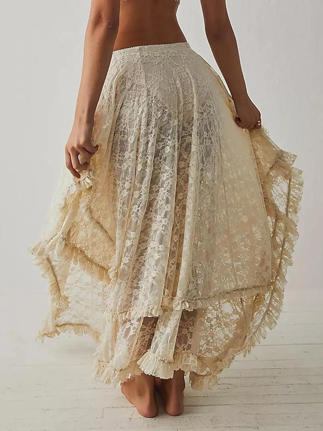 Women Lace Long Skirts Summer Elastic Asymmetrical Layered Hem Sexy See-Through Flowy Beach Floral Maxi Skirts