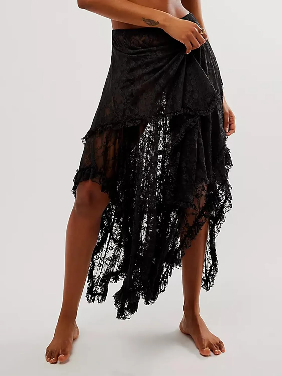Women Lace Long Skirts Summer Elastic Asymmetrical Layered Hem Sexy See-Through Flowy Beach Floral Maxi Skirts