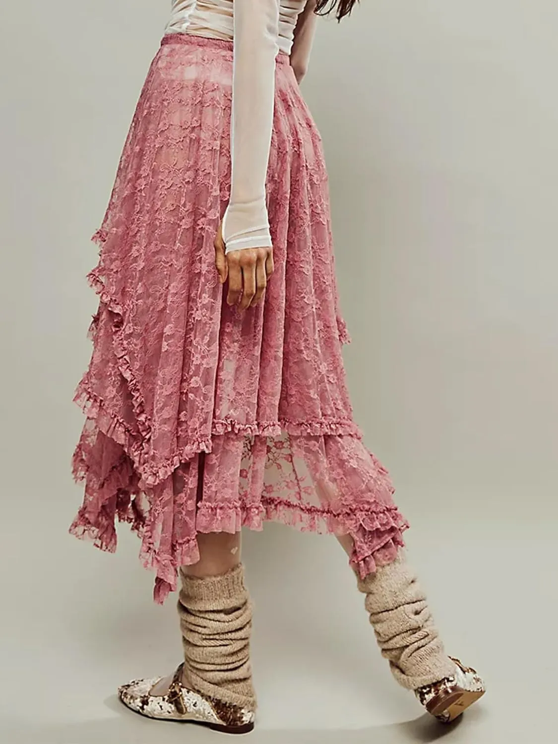 Women Lace Long Skirts Summer Elastic Asymmetrical Layered Hem Sexy See-Through Flowy Beach Floral Maxi Skirts