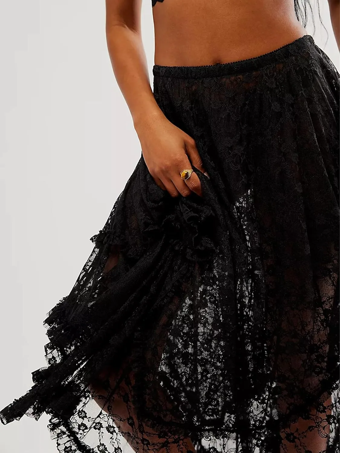 Women Lace Long Skirts Summer Elastic Asymmetrical Layered Hem Sexy See-Through Flowy Beach Floral Maxi Skirts