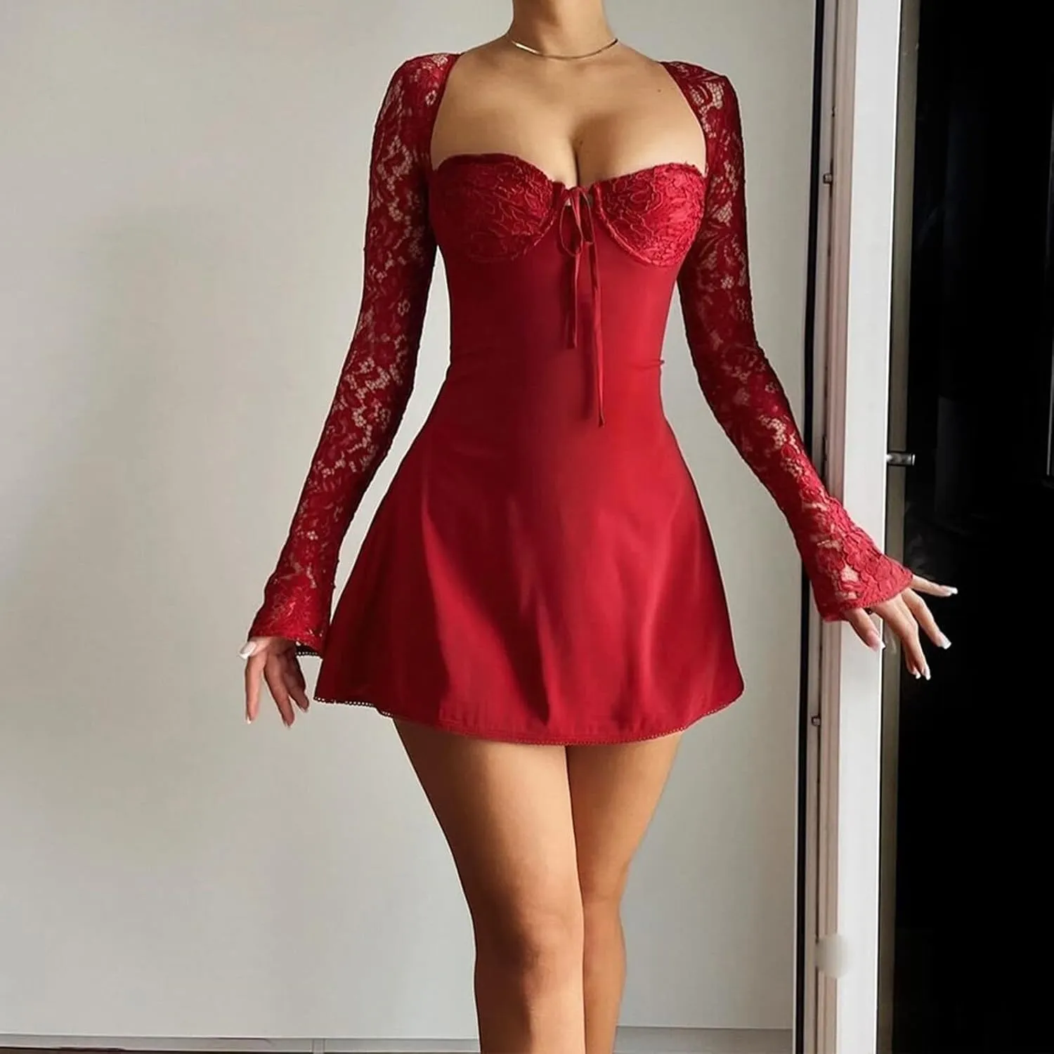 Women Lace Long Sleeve Mini Dress Y2K Floral Lace Patchwork Tie Up Low-Cut Backless Party Short Cami Dress