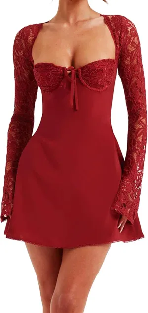 Women Lace Long Sleeve Mini Dress Y2K Floral Lace Patchwork Tie Up Low-Cut Backless Party Short Cami Dress