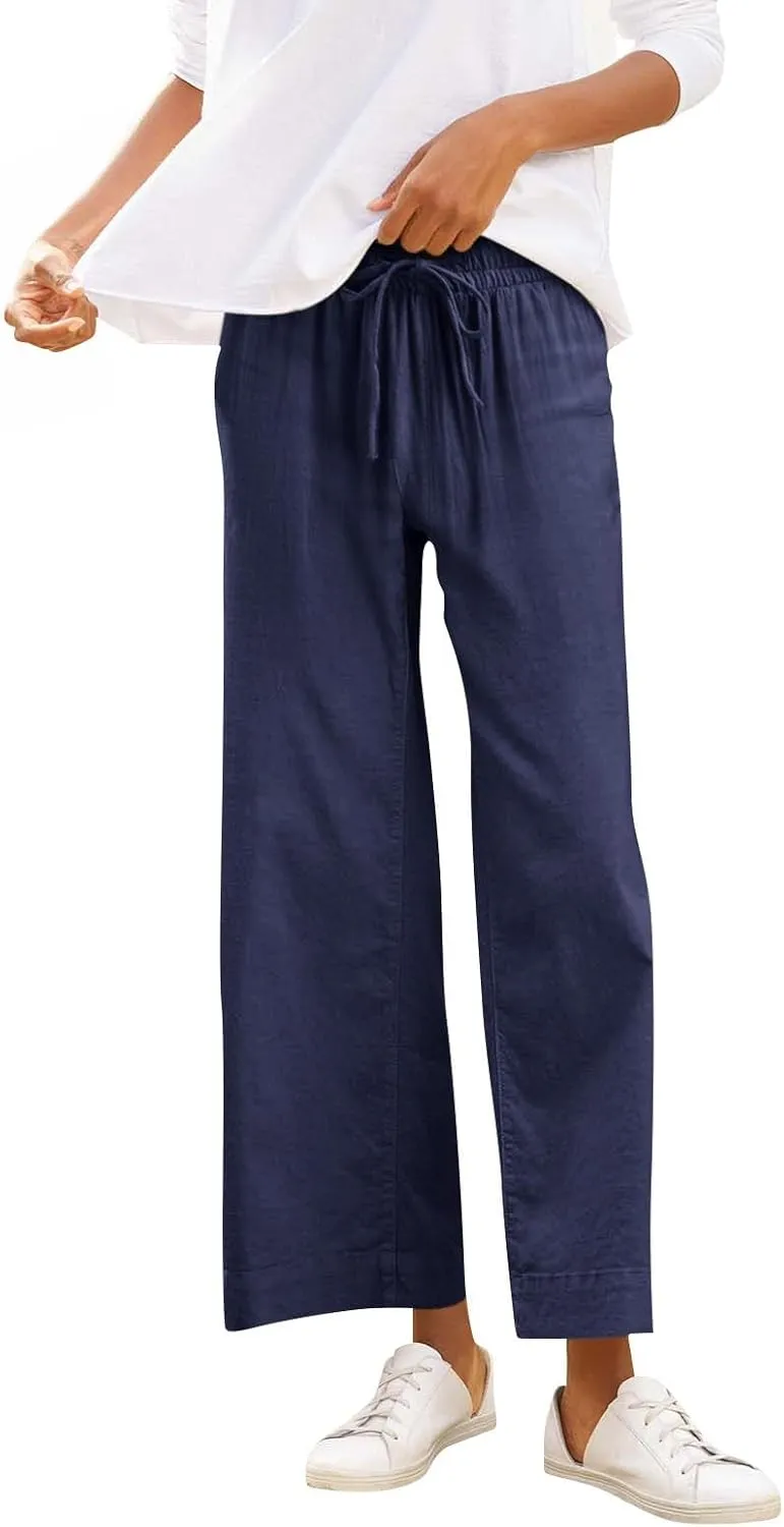 Women Linen Dress Pants Wide Leg Capri Pant Summer High Waisted Cropped Slacks Boho Flowy Palazzo Trouser with Pockets