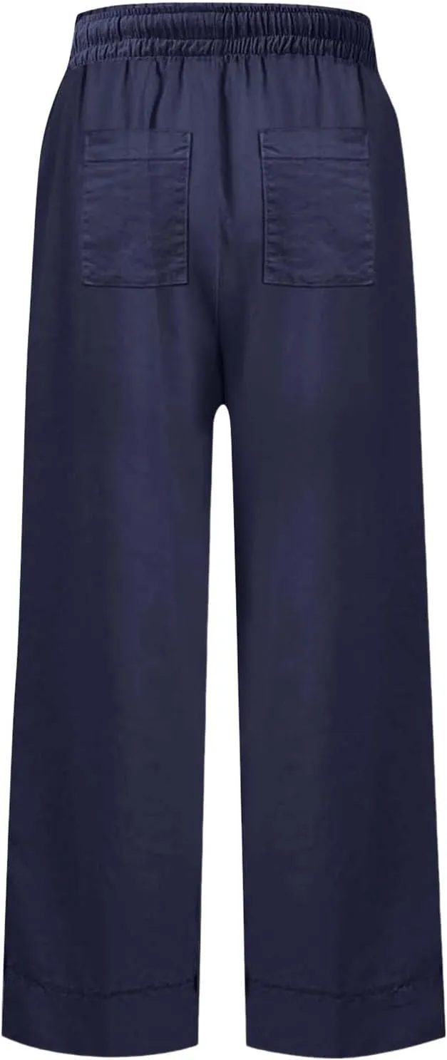 Women Linen Dress Pants Wide Leg Capri Pant Summer High Waisted Cropped Slacks Boho Flowy Palazzo Trouser with Pockets