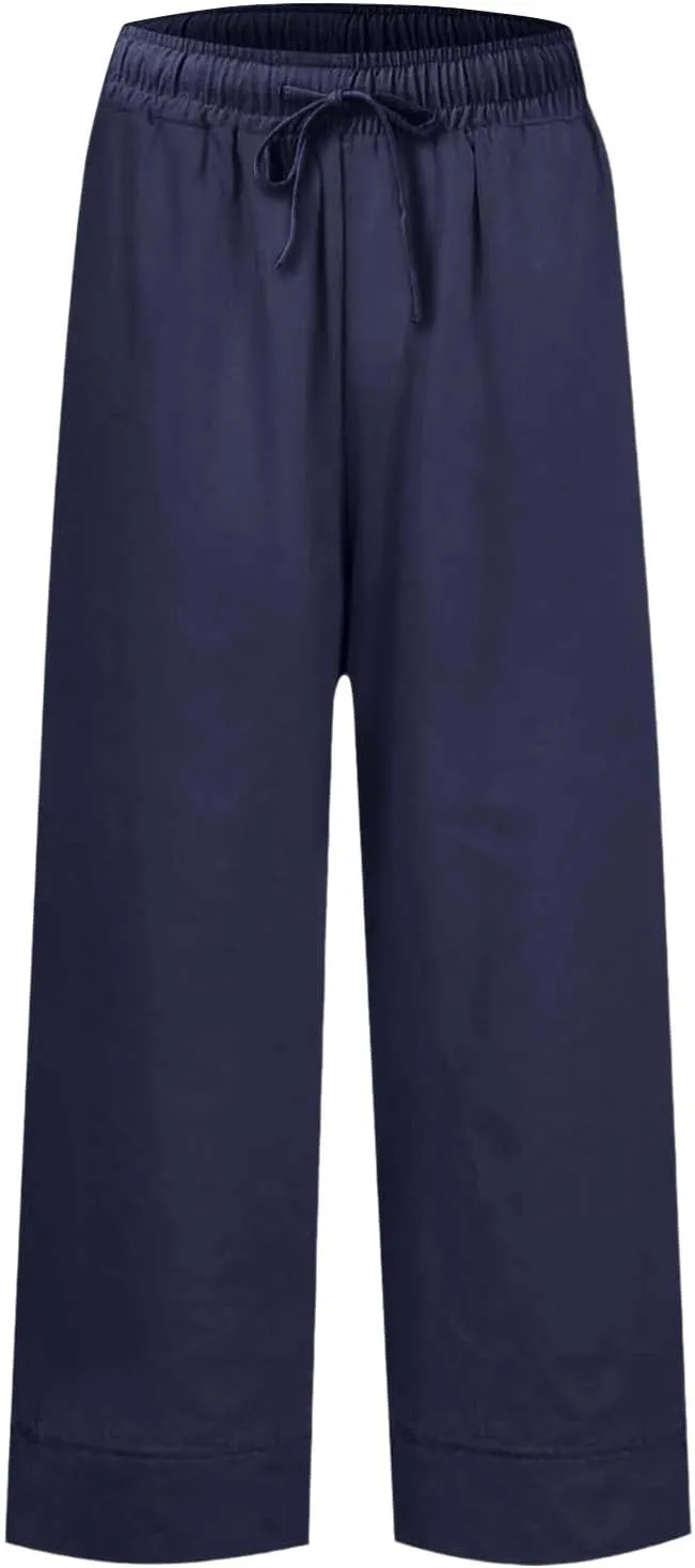 Women Linen Dress Pants Wide Leg Capri Pant Summer High Waisted Cropped Slacks Boho Flowy Palazzo Trouser with Pockets