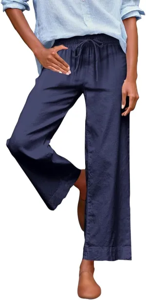Women Linen Dress Pants Wide Leg Capri Pant Summer High Waisted Cropped Slacks Boho Flowy Palazzo Trouser with Pockets