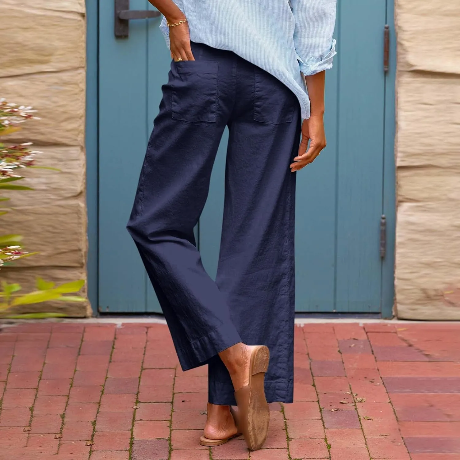 Women Linen Dress Pants Wide Leg Capri Pant Summer High Waisted Cropped Slacks Boho Flowy Palazzo Trouser with Pockets