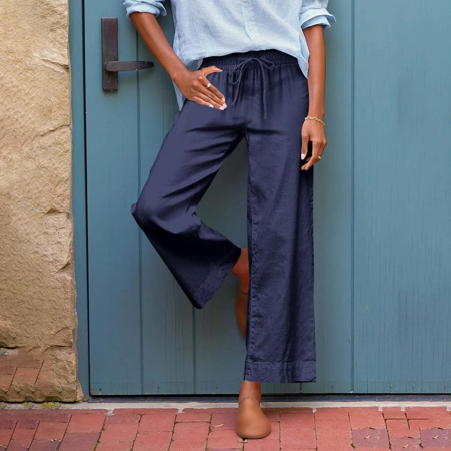 Women Linen Dress Pants Wide Leg Capri Pant Summer High Waisted Cropped Slacks Boho Flowy Palazzo Trouser with Pockets