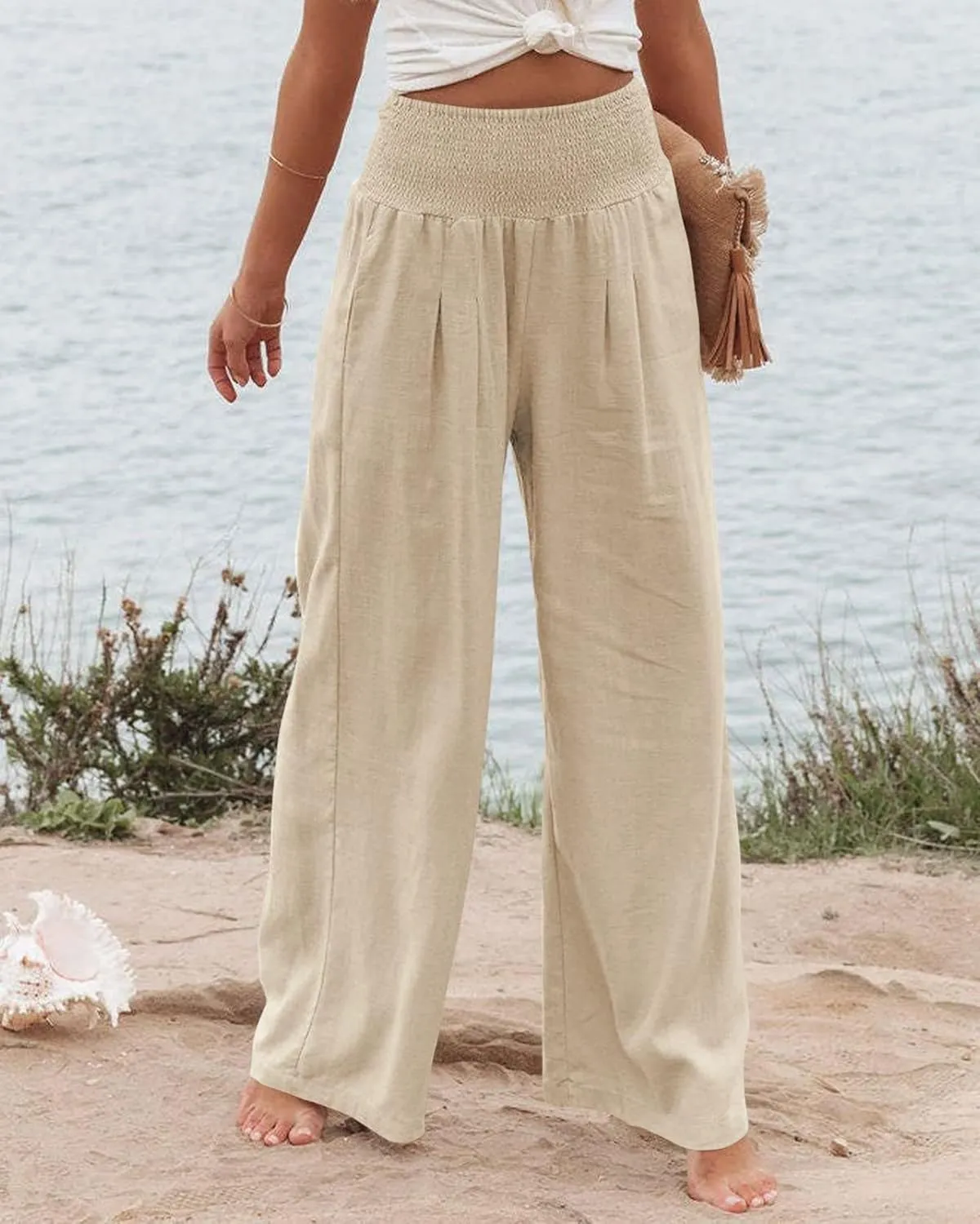 Women Linen Palazzo Pants Summer Bohemian Wide Leg High Waist Trousers Casual Lounge Slacks with Pockets