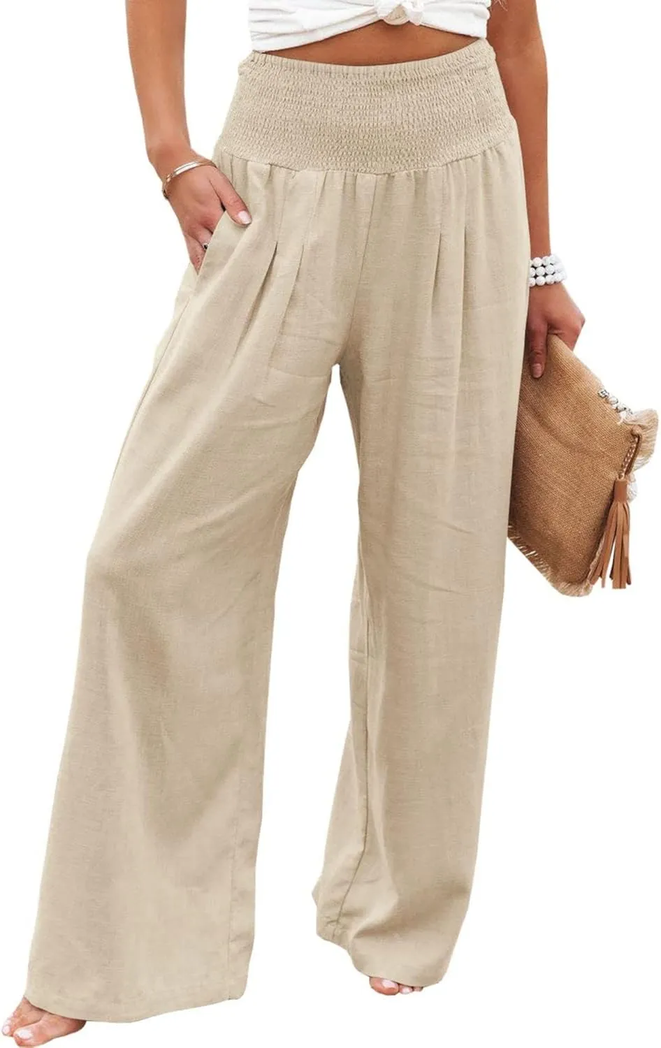 Women Linen Palazzo Pants Summer Bohemian Wide Leg High Waist Trousers Casual Lounge Slacks with Pockets