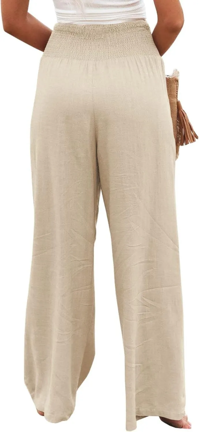 Women Linen Palazzo Pants Summer Bohemian Wide Leg High Waist Trousers Casual Lounge Slacks with Pockets