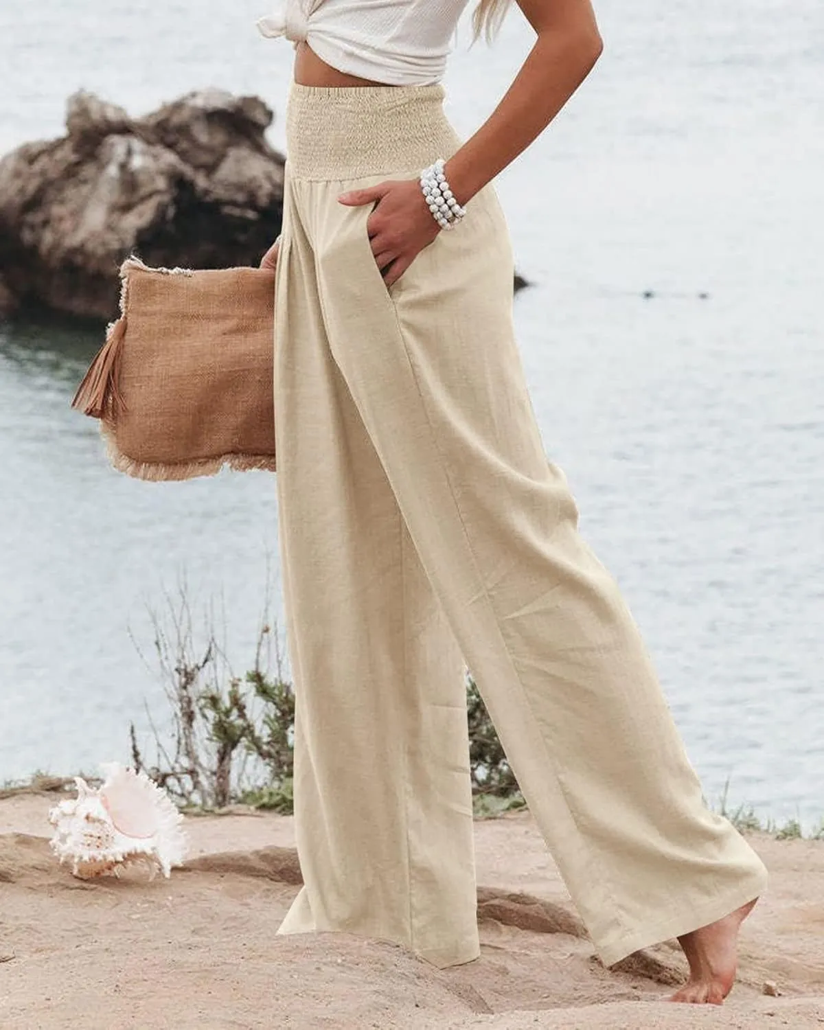 Women Linen Palazzo Pants Summer Bohemian Wide Leg High Waist Trousers Casual Lounge Slacks with Pockets