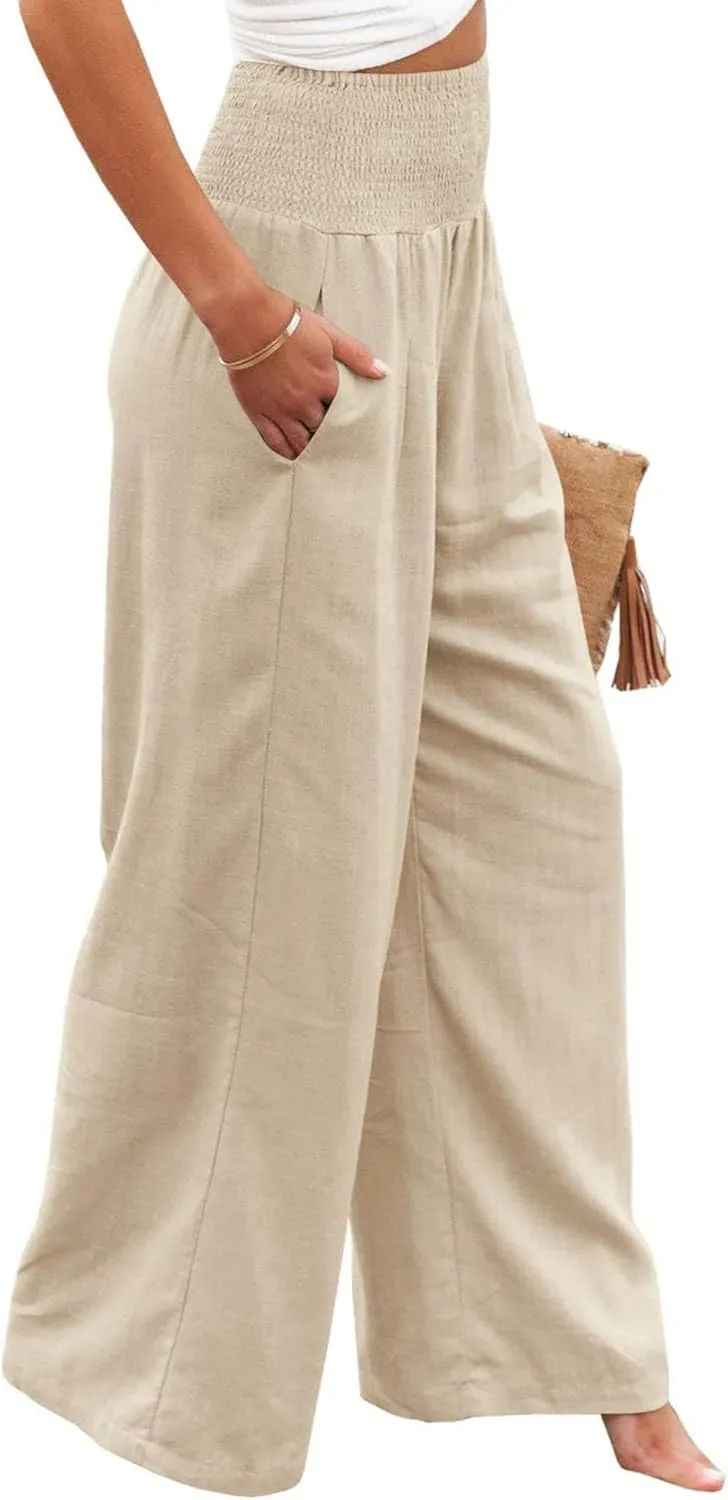 Women Linen Palazzo Pants Summer Bohemian Wide Leg High Waist Trousers Casual Lounge Slacks with Pockets