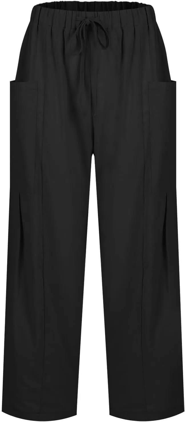 Women Linen Palazzo Pants Summer Boho Wide Leg High Waist Drawstring Casual High Waist Lounge Pant Trousers Pockets