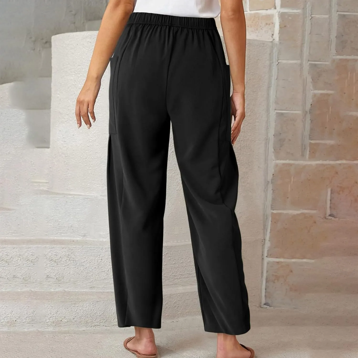Women Linen Palazzo Pants Summer Boho Wide Leg High Waist Drawstring Casual High Waist Lounge Pant Trousers Pockets