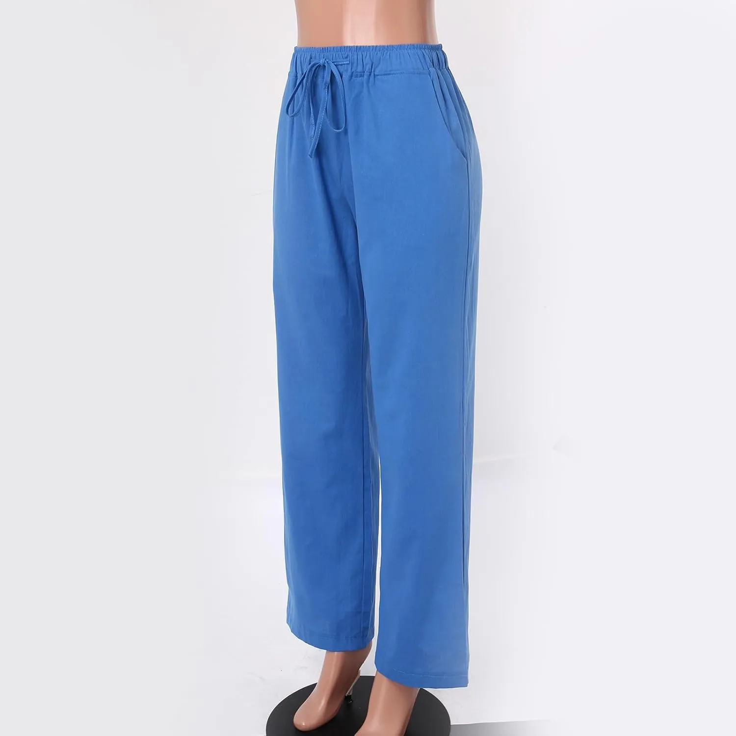 Women Linen Palazzo Pants Summer Cotton Flowy Pants Drawstring Wide Leg Lightweight Pants Cute Beach Loose Trousers