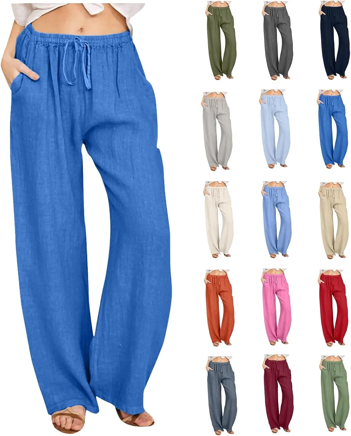 Women Linen Palazzo Pants Summer Cotton Flowy Pants Drawstring Wide Leg Lightweight Pants Cute Beach Loose Trousers