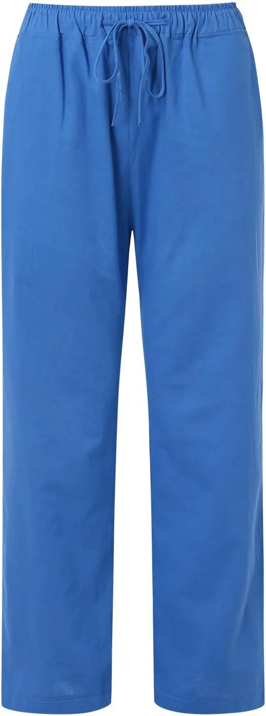 Women Linen Palazzo Pants Summer Cotton Flowy Pants Drawstring Wide Leg Lightweight Pants Cute Beach Loose Trousers